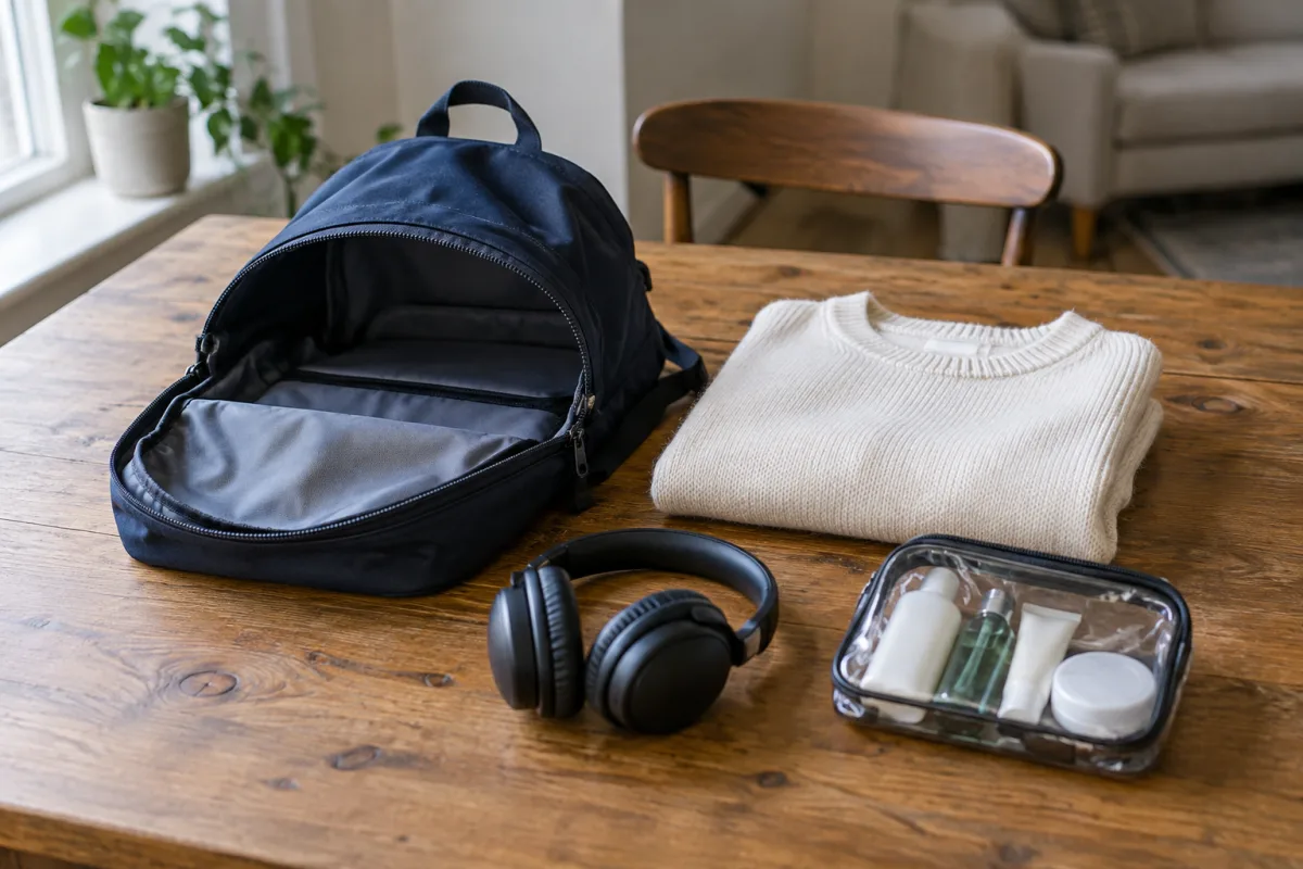 An open backpack, a sweater, headphones and a clear toiletry pouch on a wooden table